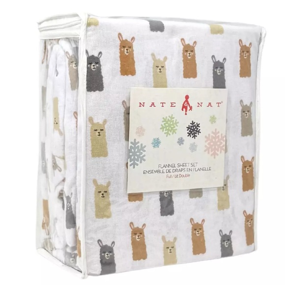 Nate & Nat FULL 4 PC Llama Face Tan Ochre Gray Warm & Cozy Flannel Sheet Set NEW - Picture 2 of 3